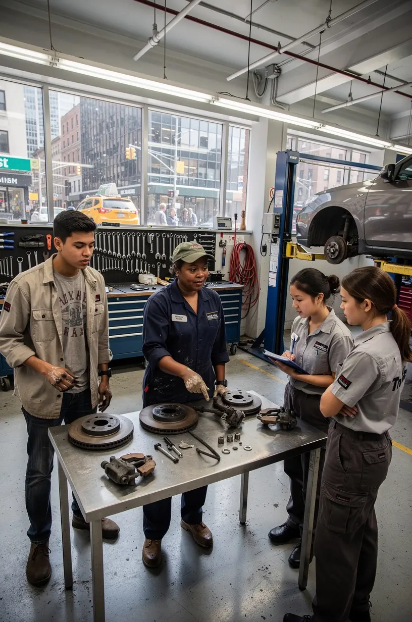Professional auto mechanic inspecting car brake system in a well-equipped New York City repair shop focused on urban brake wear.